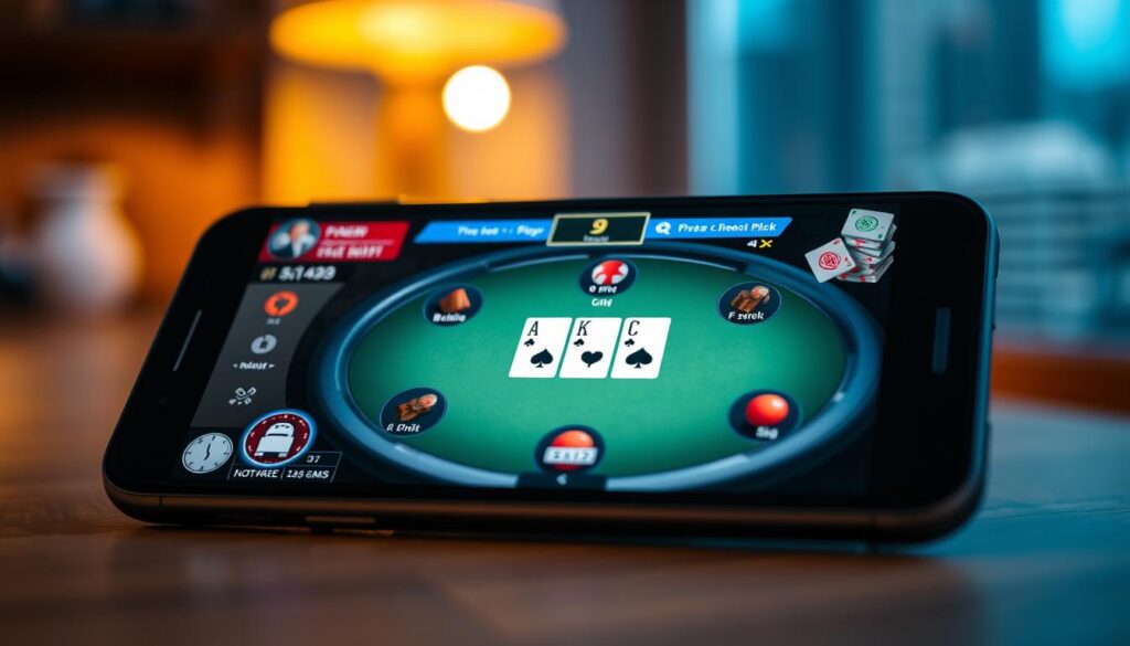 A close-up view of a mobile device displaying a poker game interface, with cards, chips, and betting options prominently featured. The screen is illuminated by a warm, ambient light, creating a cozy, inviting atmosphere. In the background, a blurred cityscape or domestic setting, suggesting a mobile gaming experience. The layout and design of the poker interface are clean, intuitive, and optimized for a seamless mobile gaming experience. The overall mood is one of focus, strategy, and the thrill of the game, capturing the essence of "GTO poker mobile strategies" within the context of the article's subject and section title.