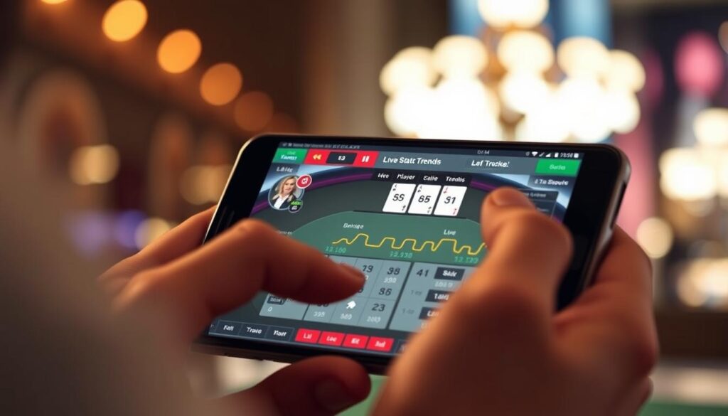 A close-up view of a mobile device displaying a stylized baccarat table, the screen illuminated by warm, ambient lighting. In the foreground, player's hands interacting with the game interface, showcasing the intuitive touch controls and stat tracking features. In the middle ground, a detailed visualization of live player and banker trends, represented by dynamic data visualizations. The background features a blurred, out-of-focus cityscape, suggesting the convenience of playing baccarat on the go. The overall scene conveys a sense of strategic focus and immersion in the mobile gaming experience.