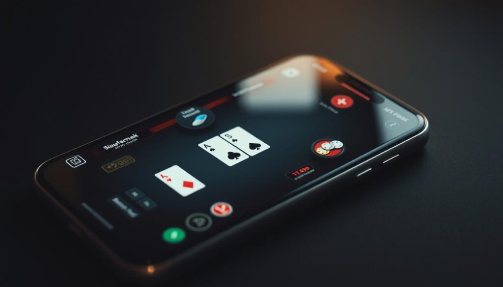 A close-up view of a smartphone screen displaying a mobile blackjack game interface. The game board is set against a dark, minimalistic background, with the cards, chips, and betting options clearly visible. The screen is illuminated by a soft, warm lighting, creating a cozy and focused atmosphere. The layout is intuitive and user-friendly, with clear indicators for the player's hand, the dealer's hand, and the available actions. The overall impression is one of a sleek, modern, and accessible mobile gaming experience, designed to enhance the player's strategic decision-making.