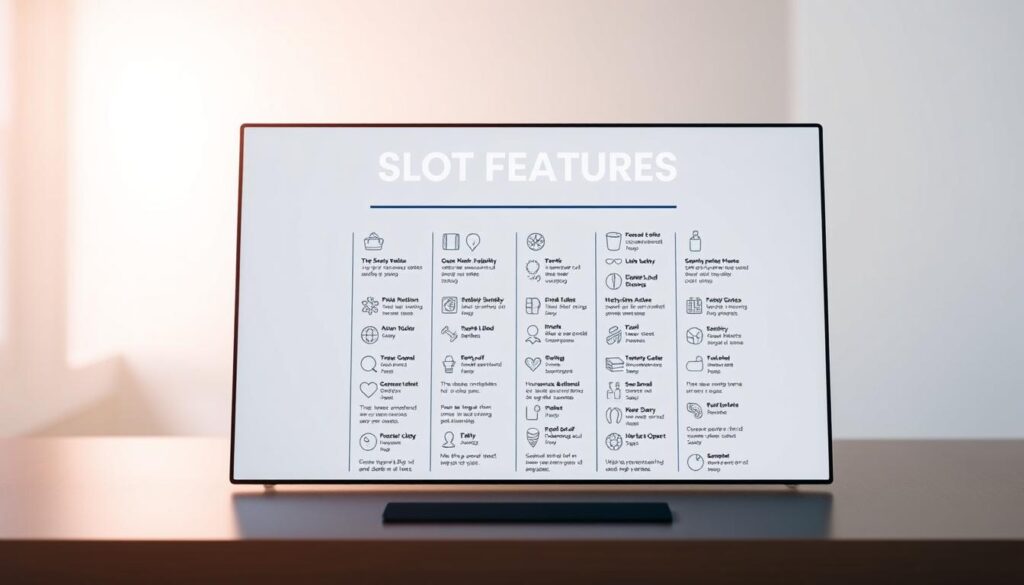 A crisp, high-definition illustration of a "Slot Features List" on a sleek, modern interface. The foreground features a clean, organized grid of various slot game icons and symbols, each with a concise description. The middle ground showcases a minimalist, monochromatic design with subtle gradients, creating depth and visual interest. The background is a soft, blurred gradient that emanates a sense of sophistication and elegance, perfectly complementing the overall aesthetic. The lighting is soft and diffused, creating a warm, inviting atmosphere. The camera angle is slightly elevated, giving the viewer a comprehensive overview of the feature list. Overall, the image conveys a sense of professionalism, clarity, and user-friendliness, perfectly suited for the "Slot Feature Glossary" section of the article.