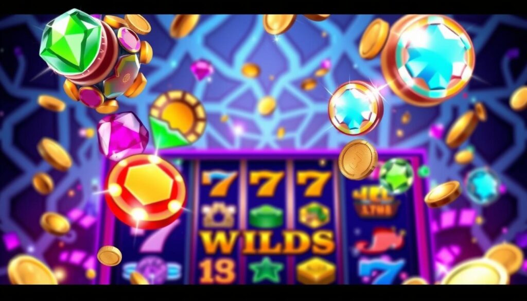 A dazzling array of wild symbols cascading across a vibrant mobile slot game screen. In the foreground, oversized, glowing wilds in the shape of jewel-toned gems and shimmering coins float and spin, their edges trailing sparkling light. In the middle ground, the reels are rendered in crisp, high-definition detail, with bold, stylized slot machine iconography. The background features a softly blurred, abstract pattern of interlocking shapes and gradients, evoking the pulsing energy and excitement of mobile gaming. Dramatic, dynamic lighting casts long shadows and highlights the visual depth, creating an immersive, visually striking atmosphere.