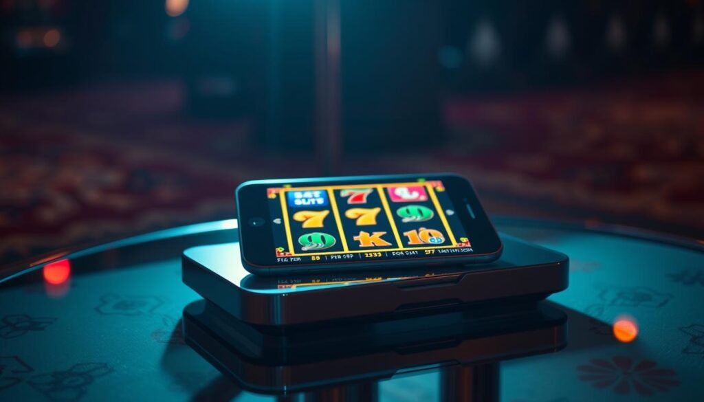 A dimly lit, casino-inspired scene of a mobile device displaying a slot machine interface. The device is situated on a sleek, glass-topped table, surrounded by a subtly patterned rug. Soft lighting from above casts a warm, atmospheric glow, highlighting the device's screen and the reflective surface of the table. The slot machine interface features vibrant, colorful symbols and animations, conveying the excitement and anticipation of potential payouts. The overall composition suggests a premium, high-end mobile gaming experience.