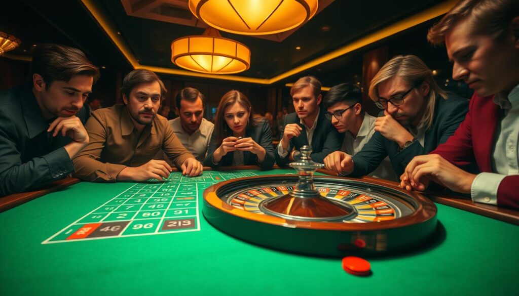 A dimly lit casino table, the green felt surface contrasting with the warm glow of overhead lamps. On the table, a roulette wheel spins, its metallic spokes catching the light. Surrounding the wheel, a group of players intently study their betting grids, fingers hovering over chips as they strategize their next move. The scene exudes a sense of focus and anticipation, with the players' expressions reflecting a mix of determination and cautious optimism. The overall atmosphere is one of calculated risk, where the thrill of the game is balanced by the need for a well-considered approach.