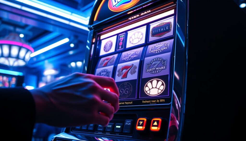 A high-tech, neon-lit slot machine showcased against a dimly lit, futuristic casino backdrop. The machine's sleek, metallic exterior glistens under strategically positioned spotlights, its reels and buttons emblazoned with intricate designs and symbols. In the foreground, a pair of hands expertly manipulate the controls, demonstrating advanced techniques for maximizing payouts. The scene is bathed in a cool, bluish hue, conveying a sense of sophistication and the thrill of high-stakes gambling.