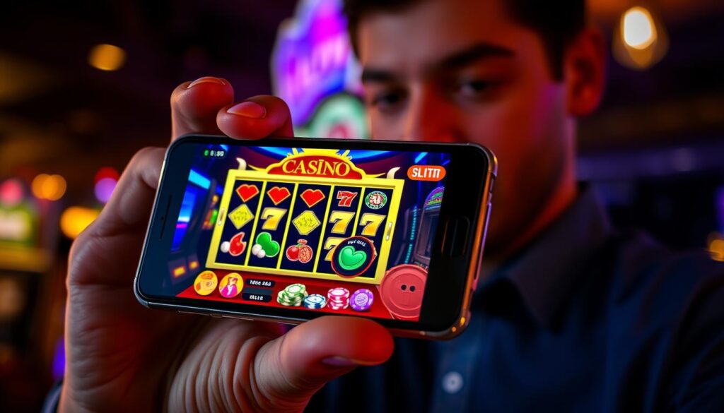 A mobile device displaying a casino app, its screen filled with colorful slot machine reels, neon lights, and casino chips. In the foreground, a hand holds the device, the user's focus intent on the game, their face partially obscured. The background is dimly lit, hinting at the late-night gaming atmosphere. Warm lighting casts a soft glow, creating a sense of immersion and engagement. The composition emphasizes the centrality of the mobile device, conveying the ubiquity and convenience of mobile casino gaming.
