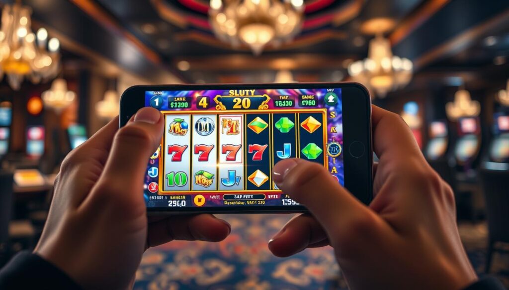 A mobile phone screen displays a captivating slot machine game, with vibrant reels spinning and shimmering lights illuminating the scene. The foreground features a pair of hands holding the device, their fingers poised to tap the screen and trigger the next spin. The background blurs into a dimly lit, luxurious casino setting, with hints of plush carpets and glittering chandeliers visible in the periphery. The overall atmosphere conveys a sense of excitement and anticipation, inviting the viewer to explore the strategic nuances of mobile slot gameplay.