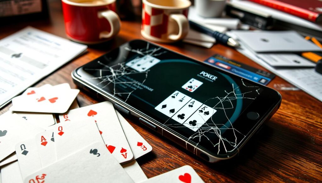 A mobile poker app with glitches and errors, displayed on a cracked smartphone screen against a cluttered desk. In the foreground, playing cards are scattered haphazardly, representing the chaos and frustration of a malfunctioning mobile poker experience. The middle ground features the smartphone, its screen displaying a buggy poker interface with misaligned UI elements and unresponsive controls. The background showcases a disorganized workspace, with coffee mugs, papers, and other office supplies, creating a sense of a distracted, unprofessional environment. The overall lighting is harsh and unflattering, conveying a sense of disappointment and missed opportunities in mobile poker.