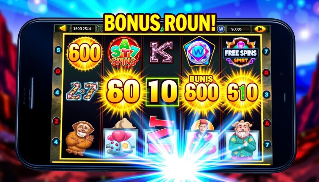 A mobile slot game screen with vivid, high-contrast graphics and bold, eye-catching bonus round features. In the foreground, a series of spinning reels with dynamic symbols and animations, framed by a sleek, modern interface. The middle ground showcases larger-than-life bonus round icons, such as free spins, multipliers, and mini-games, pulsing with energy. The background features a blurred, abstract landscape with vibrant colors and lighting, creating a sense of immersion and excitement. The overall composition conveys the thrill and anticipation of triggering lucrative bonus rounds on a mobile device.