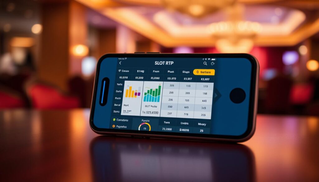 A modern mobile device showcasing a sleek, minimalist user interface for navigating a mobile casino's slot RTP information. The screen displays a clean, well-organized layout with charts, graphs, and interactive elements allowing players to easily understand slot return-to-player (RTP) rates and payouts. The device is bathed in a warm, soft lighting, creating a premium, high-quality aesthetic. The composition features the mobile device in the foreground, with a blurred background suggesting an elegant, luxurious casino setting. The overall mood is one of clarity, simplicity, and professionalism, reflecting the importance of understanding RTP when playing slots on mobile platforms.