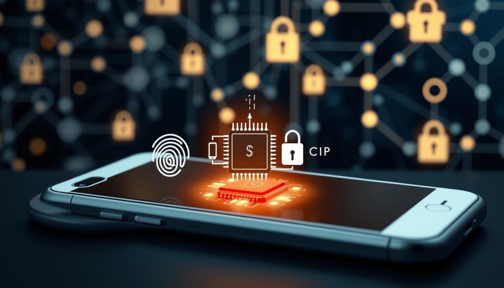 A modern mobile device with a sleek, minimal design showcasing robust security features. In the foreground, a fingerprint sensor and facial recognition system seamlessly integrated into the device's screen. The middle ground features a secure element chip and encryption indicators, highlighting the device's tamper-proof architecture. In the background, a network of secure connections and data protection protocols, creating a visually striking and technically precise depiction of mobile gambling security.