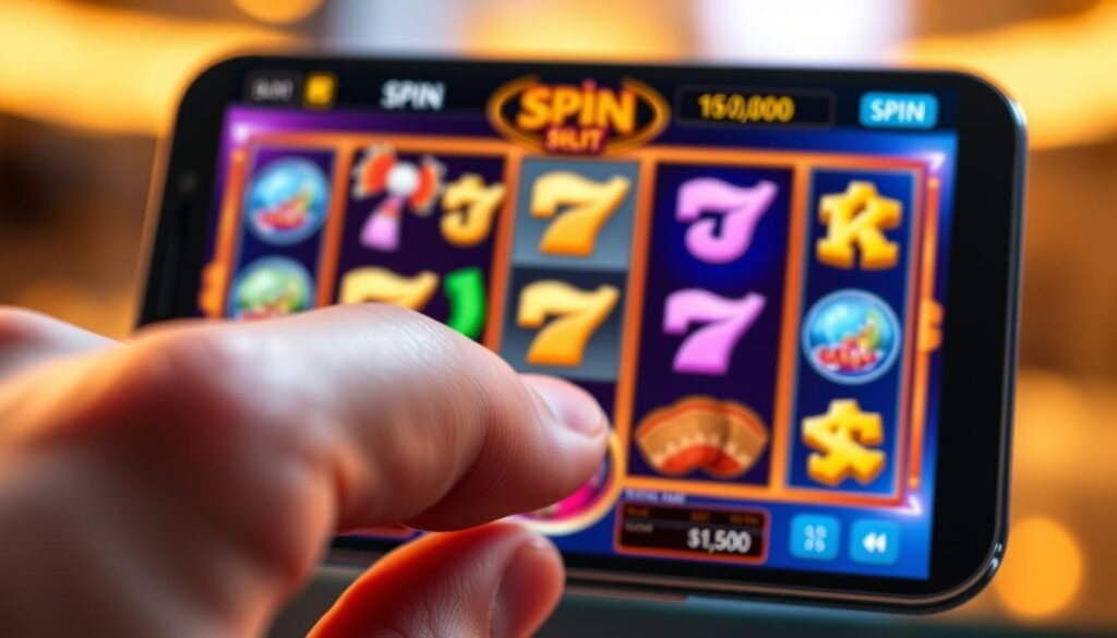 A sleek, modern slot game interface featuring mobile-centric controls and displays. In the foreground, a finger taps an oversized "Spin" button, gestures seamlessly controlling the game. The middle ground showcases vibrant, high-resolution slot reels, symbols animating with satisfying taps and swipes. In the background, a minimalist design with subtle gradients and clean lines emphasizes the focus on the mobile experience. Warm, soft lighting creates a premium, immersive atmosphere, while a subtle depth of field suggests the game's responsiveness to the device's orientation and movement.