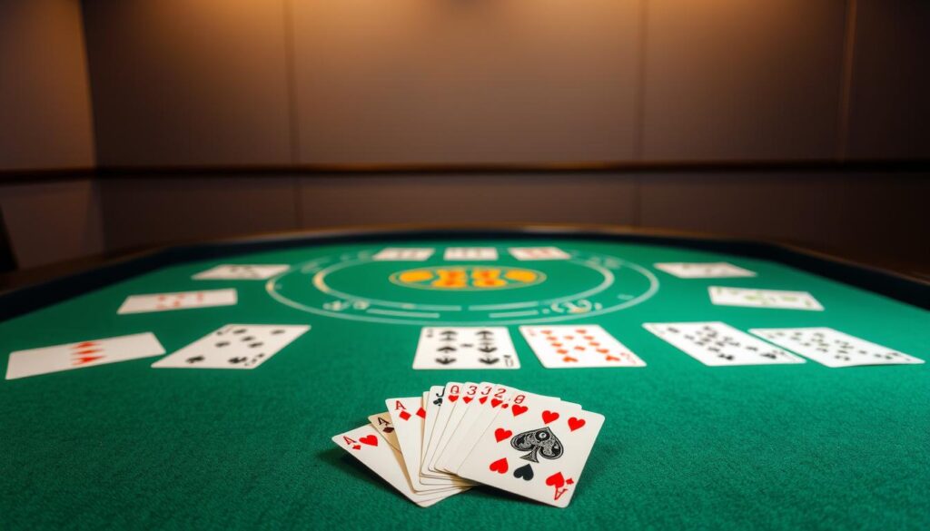 A stylish, neatly organized blackjack table against a muted, sophisticated backdrop. The table surface features the classic green felt, with crisp, white card outlines delineating the player and dealer positions. In the foreground, a carefully arranged set of playing cards showcases the core rules of blackjack, such as the point values, splitting and doubling down. Soft, directional lighting illuminates the scene, creating depth and a sense of elegance. The overall composition conveys the essence of the classic casino game, inviting the viewer to immerse themselves in the strategic world of mobile blackjack.