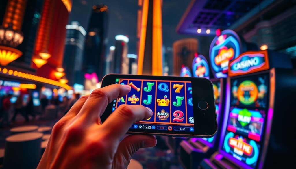 A vibrant and immersive mobile casino scene, captured with a cinematic wide-angle lens. In the foreground, a player's hands grip a sleek iOS device, fingers poised over the screen as they navigate a slot machine's colorful reels. The middle ground showcases the game's user interface, with intuitive touch controls and a visually striking design. In the background, a blurred cityscape of towering skyscrapers and neon lights creates a sense of urban excitement. Warm, diffused lighting casts a inviting glow, setting the mood for a thrilling casino experience on the go.