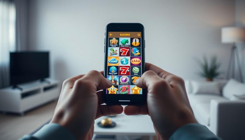 A well-lit, realistic scene depicting a person's hands holding a smartphone, with the screen displaying a variety of slot machine app icons on a grid layout. The person's hands should be in focus, with the smartphone screen slightly blurred in the foreground. The background should be a clean, minimalist office or living room setting, with neutral colors and soft lighting to create a sense of contemplation and decision-making. The overall mood should be one of careful consideration and exploration of mobile slot machine app options.