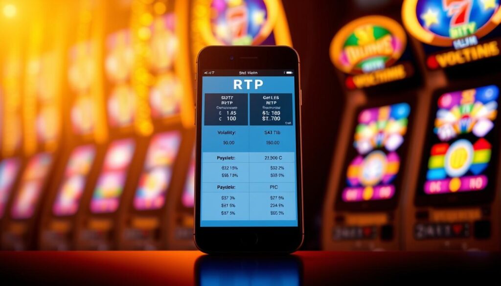 Vibrant digital display showcasing a mobile device against a backdrop of cascading slot machine reels. The screen depicts a detailed breakdown of slot RTP (return to player) percentages and payouts, with intuitive data visualizations and crisp, legible typography. The scene is bathed in a warm, golden lighting that accentuates the sleek, premium aesthetic of the device. The composition places the mobile interface prominently in the foreground, while the blurred slot reels in the background symbolize the connection between slot volatility and RTP. The overall mood is one of informative clarity, highlighting the importance of understanding these key concepts for mobile slot players.