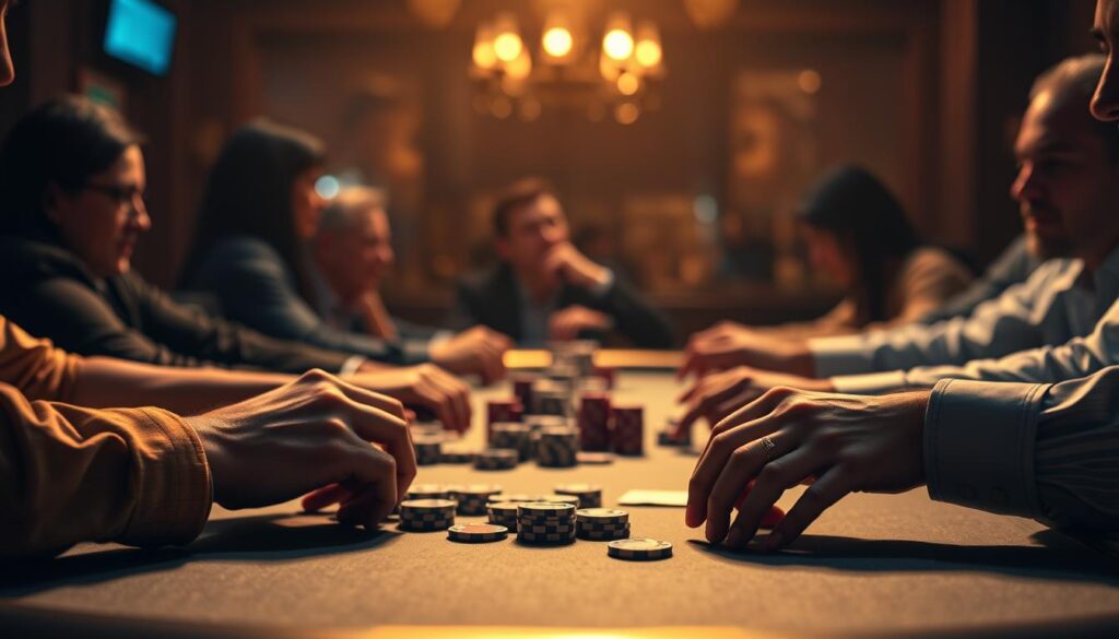 A busy mobile poker table against a blurred background, with players' hands strategically arranging their cards and chips. Warm lighting casts a focused glow, creating an intense, high-stakes atmosphere. The table's surface is sleek and minimalist, allowing the players' actions to take center stage. Camera angle is slightly elevated, giving a bird's-eye view of the dynamic gameplay unfolding. The overall composition emphasizes the fast-paced, high-pressure nature of adapting one's no-limit hold'em strategy to the mobile format.