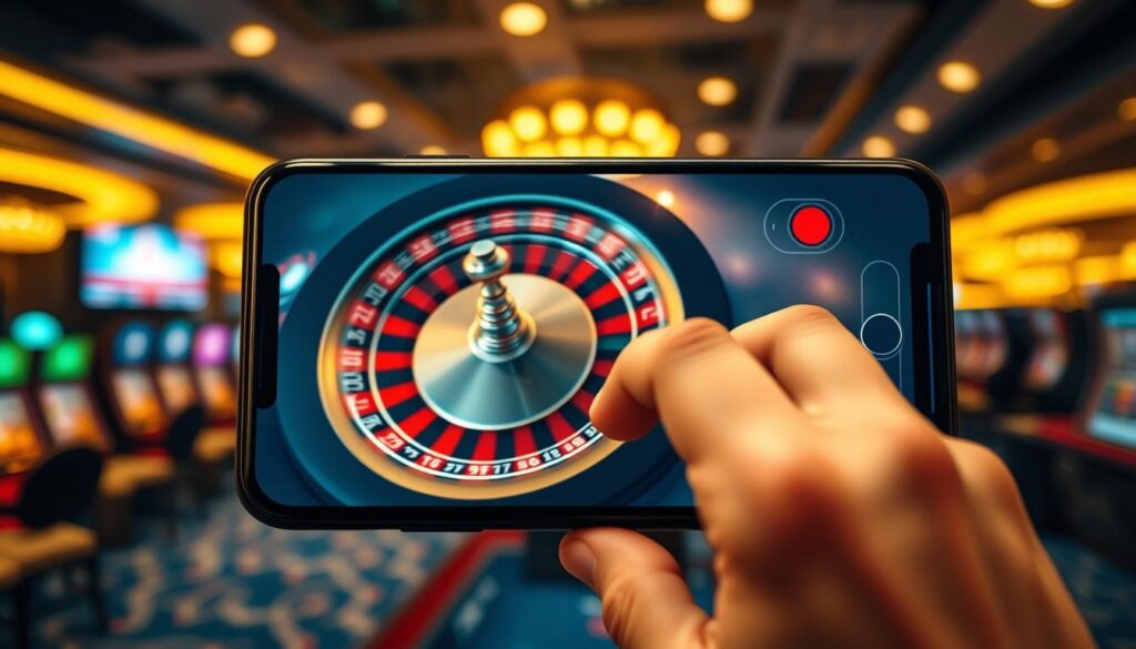 A busy mobile screen displaying a roulette wheel, spinning rapidly against a blurred background of a bustling casino interior. The wheel's spinning motion is accentuated by motion blur, conveying a sense of speed and distraction. The player's hand is visible, tapping frantically on the screen, adding to the feeling of haste and lack of focus. Warm, golden lighting casts a dreamlike glow, contrasting with the cool blues and grays of the digital interface. The overall atmosphere suggests the thrill and potential pitfalls of mobile roulette gameplay.