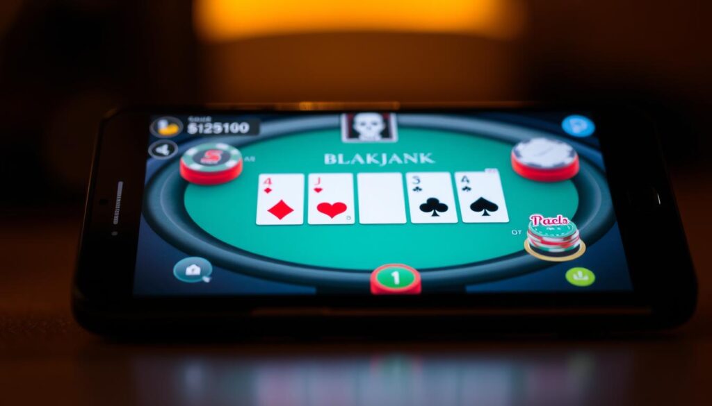 A close-up shot of a smartphone screen displaying a mobile blackjack game interface. The screen is illuminated with a warm, soft lighting, creating a cozy, inviting atmosphere. The game's UI elements are crisp and visually appealing, with clear buttons, card suits, and chip stacks. The background is slightly blurred, suggesting a subtle depth of field. The overall composition draws the viewer's attention to the game's key features, providing a visually engaging representation of mobile blackjack gameplay.