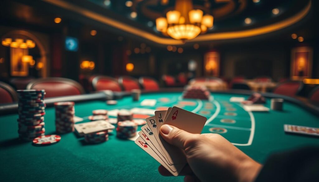 A dimly lit casino table, green felt surface illuminated by warm overhead lights. Stacks of casino chips and playing cards are scattered across the table, hinting at a game in progress. In the foreground, a hand hovers over the cards, fingers poised to flip the next card. The scene conveys a sense of tension and concentration, as if the player is deeply engaged in the intricacies of card counting, analyzing patterns and probabilities. The background is blurred, drawing the viewer's focus to the central action on the table, capturing the legality and technicality of this strategic approach to casino gaming.