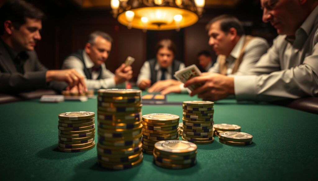 A dimly lit casino table, the green felt surface casting a warm glow. Stacks of gleaming gold and silver casino chips in the foreground, reflecting the soft light. In the background, a dealer's hands expertly shuffling a deck of cards, the rhythmic motion captivating the players leaning in with rapt attention. The atmosphere is tense yet electrifying, as seasoned baccarat players study the cards, strategizing their next moves. A sense of focus and determination permeates the scene, hinting at the winning tactics and insights that could lead to a successful baccarat session.