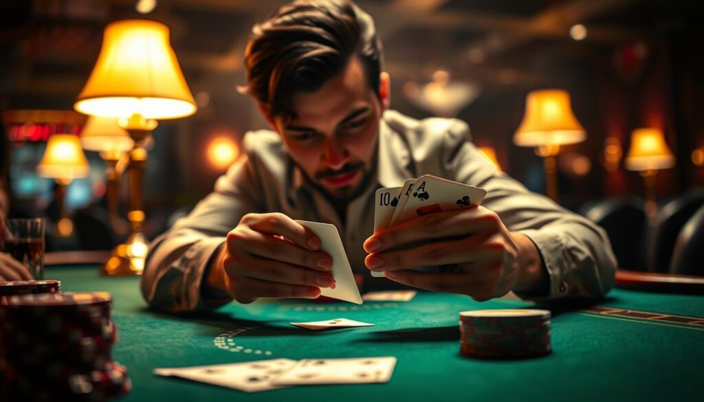 A dimly lit casino table, the green felt surface illuminated by the warm glow of table lamps. A player's hands deftly manipulate a deck of cards, their eyes scanning the cards with intense focus. The background is hazy, blurred, drawing the viewer's attention to the central action. The player's expression is one of concentration, their movements precise and calculated, hinting at the strategies of card counting. The scene conveys a sense of tension and strategic gameplay, the player's mastery of the game pitted against the house's odds.