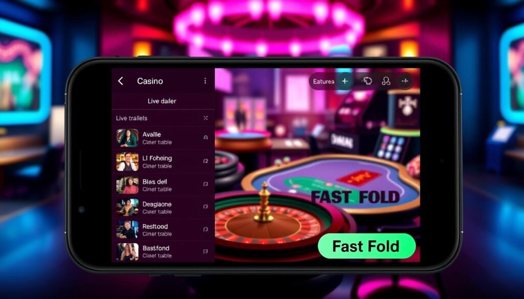 A mobile casino interface with a vibrant, neon-infused aesthetic. In the foreground, a sleek and intuitive layout showcases the key in-app features - a live chat window, a list of available live dealer tables, and a prominent "Fast Fold" button for rapid gameplay. The middle ground features realistic depictions of classic casino table games, such as roulette and blackjack, rendered with high-fidelity textures and lighting. The background is a blurred cityscape, hinting at the excitement of a bustling metropolitan casino. The overall tone is one of sophisticated, cutting-edge technology seamlessly blending with the timeless allure of casino entertainment.