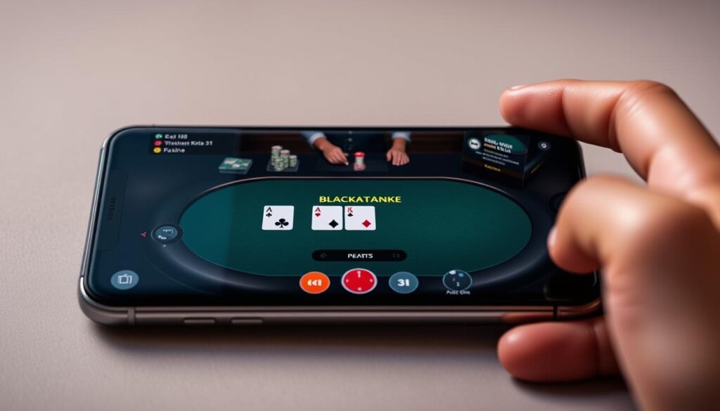 A mobile device displaying a live blackjack table, with cards, chips, and a dealer visible. The player's hands are shown on the screen, showcasing a strategic blackjack gameplay approach. The layout is clean and minimalist, with a focus on the game mechanics and decision-making process. Soft lighting creates a warm, casino-like atmosphere, while the angle and perspective convey a sense of immersion and control over the gameplay. The overall composition highlights the tactile and intuitive nature of mobile blackjack, emphasizing the importance of managing the pace and betting strategy.
