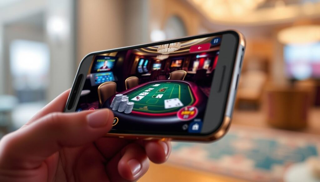 A mobile device displaying a visually engaging casino demo mode, showcasing a realistic virtual table game with detailed textures, dynamic lighting, and a sense of depth. The foreground features a crisp, high-resolution rendering of the game interface, with tactile chip stacks, cards, and gaming controls. The middle ground depicts a luxurious casino environment, with plush furnishings, ornate decor, and atmospheric lighting, conveying a premium, immersive experience. The background subtly hints at the mobile device's context, with a blurred, out-of-focus cityscape or interior setting, establishing a sense of place. The overall mood is one of sophisticated entertainment and the thrill of casino gameplay, inviting the viewer to explore the demo mode and hone their table game skills.