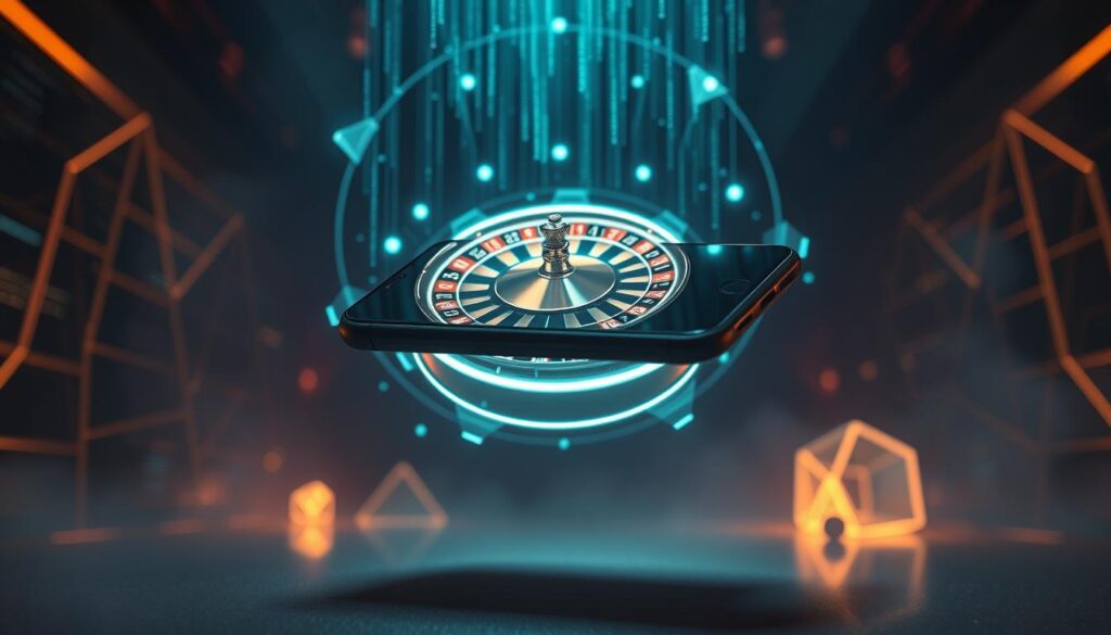 A mobile phone levitating in a dimly lit, futuristic setting, with a holographic roulette wheel projected above it, surrounded by ethereal data streams and glowing geometric shapes. The phone is angled to suggest a sense of exploration and intrigue, as if investigating potential algorithmic patterns. The overall atmosphere conveys a mood of mystery and technological ambiguity, hinting at the complexities and myths surrounding mobile roulette strategies.