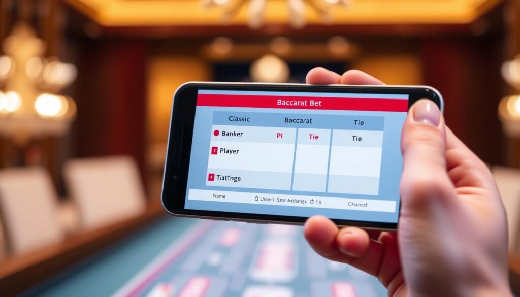 A sleek, modern mobile device displaying a baccarat betting interface. The screen showcases the classic baccarat bet types - Banker, Player, and Tie - with bold, intuitive icons and clear, minimalist design. The device is held in a well-manicured hand against a blurred, luxurious background suggesting an upscale casino setting. Soft, diffused lighting casts a warm, inviting glow, emphasizing the elegant, high-stakes ambiance. The overall composition conveys the excitement and sophistication of mobile baccarat, guiding the viewer towards understanding common rookie mistakes in this thrilling game.