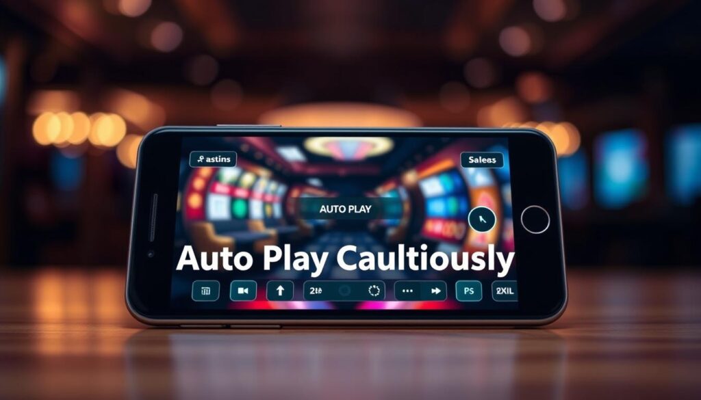 A stylish mobile device with a sleek, minimalist design, its screen displaying a dynamic casino game interface. The foreground showcases the auto-play feature, with intuitive controls and smooth animations. The middle ground features a blurred, hazy casino environment, evoking a sense of excitement and immersion. The background is softly lit, creating a warm, inviting atmosphere that draws the viewer into the mobile gaming experience. The overall composition and lighting create a visually striking and captivating image that effectively illustrates the "Auto Play Cautiously" section of the article.