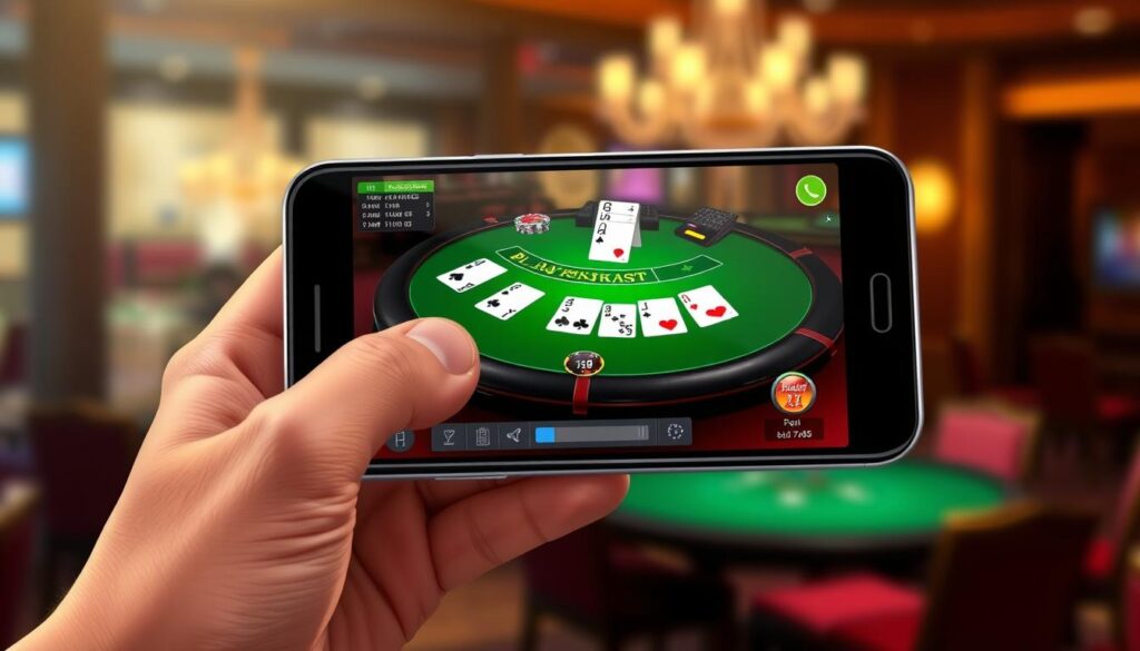 A stylized and realistic digital illustration of a mobile device displaying a blackjack game interface. The screen shows a virtual blackjack table with cards, chips, and betting controls. The mobile device is held in a human hand against a blurred background of a casino interior, with warm lighting and subtle textures. The overall scene conveys a sense of strategy, focus, and the tactile experience of playing blackjack on a mobile platform.