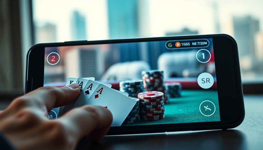 A sleek, modern mobile phone screen displays a poker game interface, its tactile buttons and digital cards rendered in high-definition. The foreground features a player's hand of cards, the cards' faces clearly visible and photorealistic. In the middle ground, an array of poker chips in various denominations are neatly stacked, hinting at the strategic depth of the game. The background showcases a softly blurred cityscape, conveying a sense of urban sophistication. The lighting is natural and directional, casting subtle shadows that enhance the depth and realism of the scene. The overall mood is one of focused intensity, capturing the essence of mobile poker strategy.