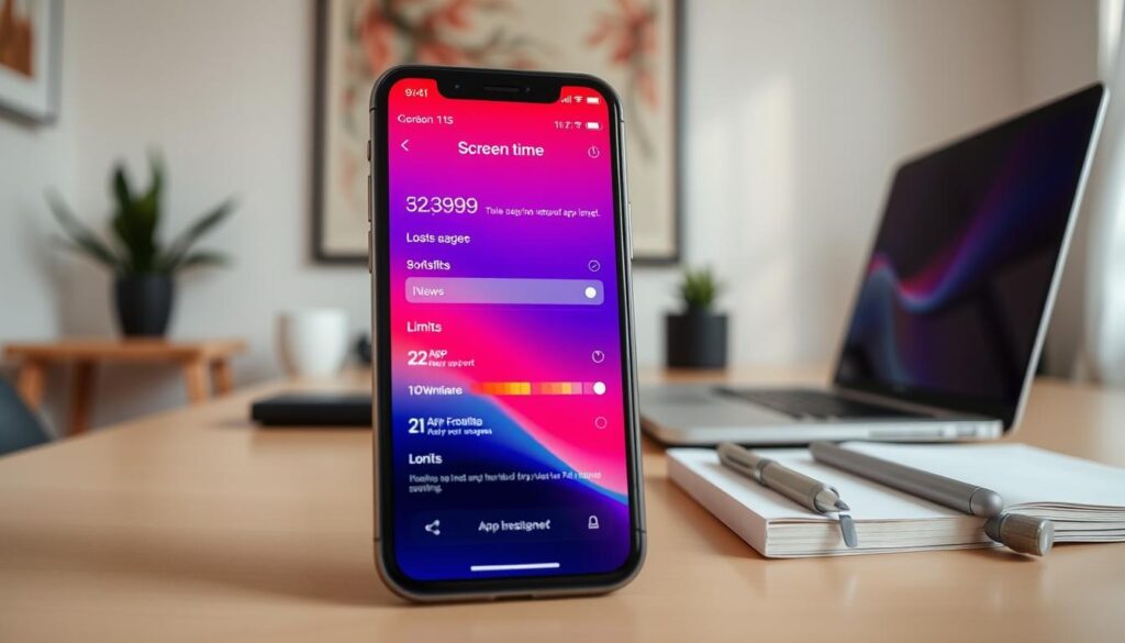 A close-up view of an iOS digital wellbeing Screen Time setup displayed on a modern smartphone, centered in the foreground. The phone screen shows a vibrant interface featuring app usage statistics, limits, and downtime settings, with easily recognizable icons and color-coded bars. In the middle ground, a softly blurred desk with minimalistic design, supporting elements such as a sleek laptop and a notepad, should create a professional atmosphere. The background features a softly lit room with calming colors, emphasizing a focused and efficient workspace. Use soft, natural lighting to enhance the inviting and organized mood. The angle should be slightly tilted to provide depth and interest, showcasing both the technology and a serene environment for setting healthy app limits. A close-up view of an iOS digital wellbeing Screen Time setup displayed on a modern smartphone, centered in the foreground. The phone screen shows a vibrant interface featuring app usage statistics, limits, and downtime settings, with easily recognizable icons and color-coded bars. In the middle ground, a softly blurred desk with minimalistic design, supporting elements such as a sleek laptop and a notepad, should create a professional atmosphere. The background features a softly lit room with calming colors, emphasizing a focused and efficient workspace. Use soft, natural lighting to enhance the inviting and organized mood. The angle should be slightly tilted to provide depth and interest, showcasing both the technology and a serene environment for setting healthy app limits.