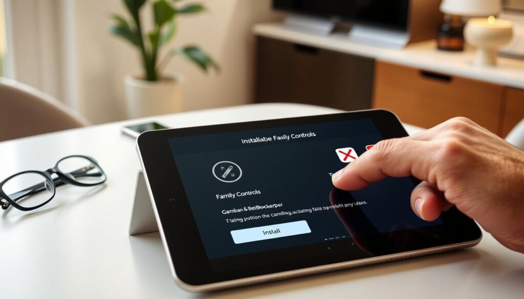A detailed installation guide for family controls on a mobile device, showcasing the step-by-step process for Gamban and BetBlocker applications. In the foreground, an elegant tablet displays the installation interface, with a finger poised to tap on an "Install" button. The middle ground features a clean, organized workspace, complete with a smartphone displaying gambling apps, crossed out icons, and a pair of reading glasses. In the background, a well-lit home office setting with modern decor, emphasizing a professional atmosphere. Soft, natural lighting enhances the focus on the device, while the angle captures both the tablet and accessories clearly. The overall mood is informative and encouraging, promoting responsible technology usage for families.