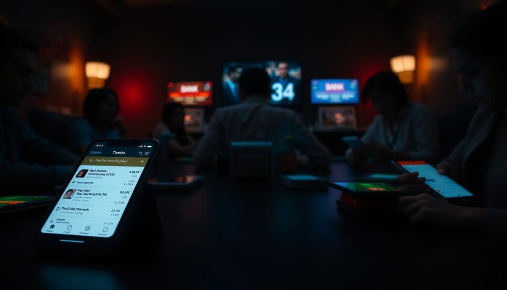 A dimly lit room showcasing a table with various mobile devices displaying gambling apps, surrounded by casual but professional attire figures intently focused on their screens. In the foreground, a smartphone emits a soft glow, reflecting alerts and app usage statistics while bank notifications subtly appear in the background. The middle section features blurred silhouettes of players engrossed in their games, their faces displaying concentration. A dark, moody ambiance captures a sense of secrecy and hidden impulses. Use subtle, ambient lighting to emphasize the glow of the screens, while ensuring the overall tone reflects a nervous tension, indicative of problem gambling habits. The focus should be on the digital footprints and their implications within the scene.