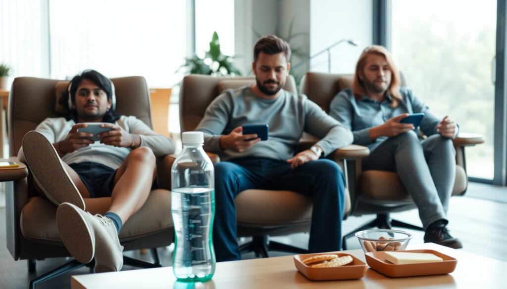 A serene indoor setting featuring a diverse group of three individuals, two men and one woman, engaged in mobile gaming. They sit comfortably in ergonomically designed chairs, each holding a mobile device, with a focus on hydration and well-being. In the foreground, a refreshing water bottle and healthy snacks are visible on a table, promoting a balanced gaming experience. The middle ground captures the players' expressions of concentration and enjoyment, while the background showcases a bright, modern room with soft, natural light filtering through large windows, creating an inviting and relaxed atmosphere. Use a soft lens to emphasize the warm colors and peaceful feel, reflecting a balanced approach to gaming with breaks.