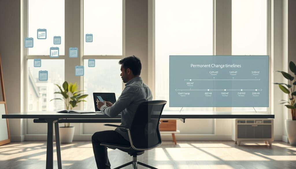 A serene office setting depicting a split scene between two timelines—on one side, a person sitting at a modern desk, looking contemplative while reviewing their mobile device with images of cooling-off periods and calendar icons floating above; on the opposite side, a digital display illustrating permanent change timelines with dimmed colors. In the background, soft natural light filters through large windows, casting gentle shadows. The mood conveys a sense of balance between caution and decision-making, emphasizing personal responsibility. Include minimalist furniture, subtle green plants for a touch of life, and visual elements that symbolize time, such as clocks or hourglasses, without any text or overlays. The composition should be professionally appealing and visually engaging, with a focus on the themes of reflection and planning.