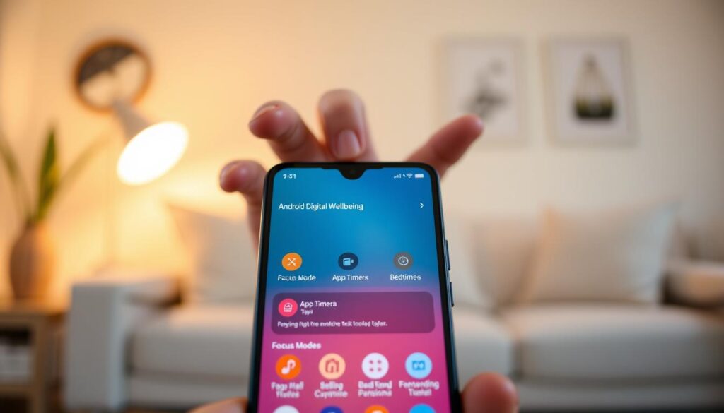 A sleek and modern Android Digital Wellbeing dashboard displayed on a smartphone screen, showcasing various focus modes and app timers. In the foreground, prominently feature the phone with a vibrant and intuitive interface, highlighting icons for Focus Mode, App Timers, and Bedtime settings. In the middle, include a blurred hand reaching for the phone, symbolizing user interaction. The background should be a softly lit, cozy home environment, perhaps showing a comfortable workspace with minimalist décor. The lighting is warm and inviting, evoking a sense of calm and control. Capture the details of the phone's screen clearly, ensuring the focus mode icons are distinct and visible. Aim for a balanced composition that conveys the theme of digital wellbeing and mindful device usage. A sleek and modern Android Digital Wellbeing dashboard displayed on a smartphone screen, showcasing various focus modes and app timers. In the foreground, prominently feature the phone with a vibrant and intuitive interface, highlighting icons for Focus Mode, App Timers, and Bedtime settings. In the middle, include a blurred hand reaching for the phone, symbolizing user interaction. The background should be a softly lit, cozy home environment, perhaps showing a comfortable workspace with minimalist décor. The lighting is warm and inviting, evoking a sense of calm and control. Capture the details of the phone's screen clearly, ensuring the focus mode icons are distinct and visible. Aim for a balanced composition that conveys the theme of digital wellbeing and mindful device usage.