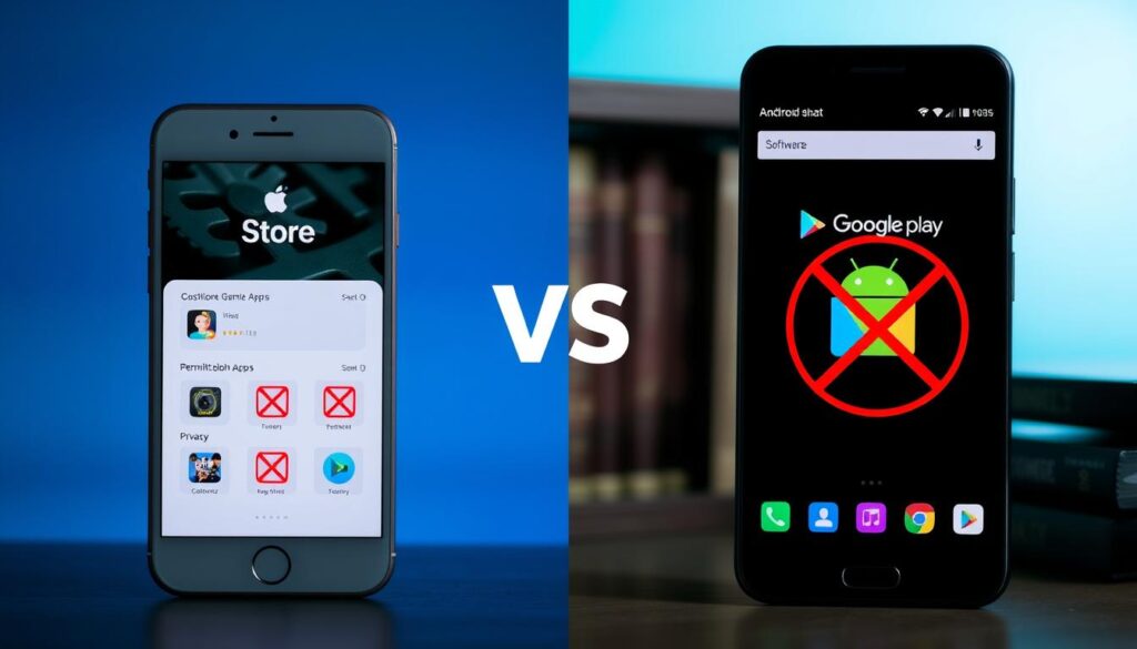 A split-screen image comparing iOS and Android mobile content restrictions. On the left, a sleek iPhone displaying its App Store with icons of restricted gambling apps grayed out, reflecting a secure and controlled environment. On the right, an Android smartphone showcasing Google Play with similar permits blocked, emphasizing privacy. The background features a gradient blend of blue and green hues representing technology and security. Soft, diffused lighting highlights the devices without harsh shadows. A subtle gear motif in the backdrop symbolizes the technical aspects of software restrictions, while an elegant library setting evokes a feeling of professionalism. The mood is informative and analytical, tailored for a thoughtful exploration of mobile content policies.