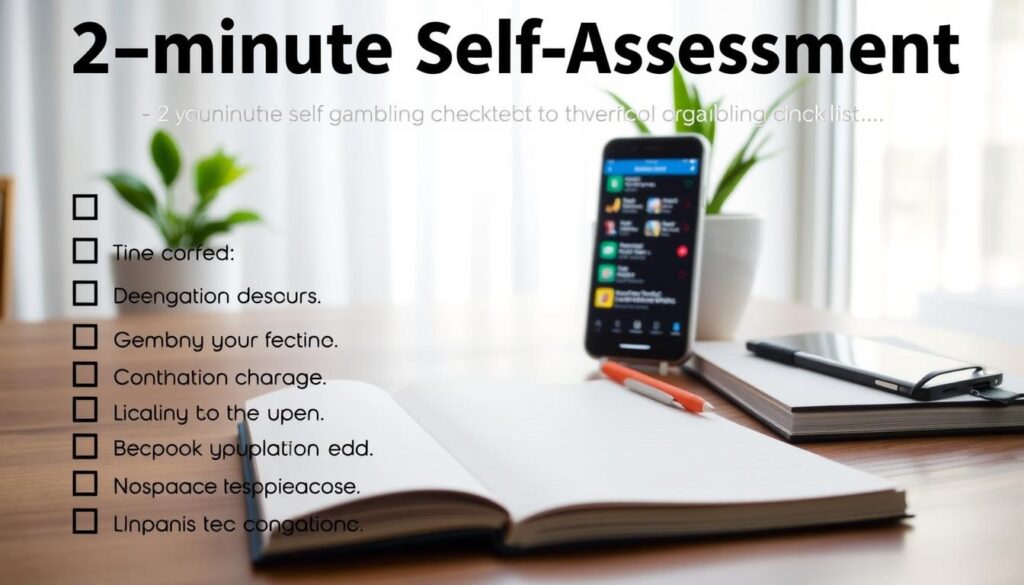 A visually engaging checklist for a "2-minute self-assessment" on problem gambling. In the foreground, a neatly organized checklist featuring bullet points outlined with checkboxes, written in clear, legible fonts. The middle area showcases a serene workspace, with a smartphone displaying gambling options next to a cup of coffee and a notepad, emphasizing a reflective atmosphere. The background reveals soft, natural lighting filtering through a window, creating a calm environment, while a potted plant adds a touch of greenery. The scene embodies a mood of introspection and responsibility, inviting the viewer to consider their gambling habits thoughtfully. The overall design should be clean, professional, and suitable for an informative context.