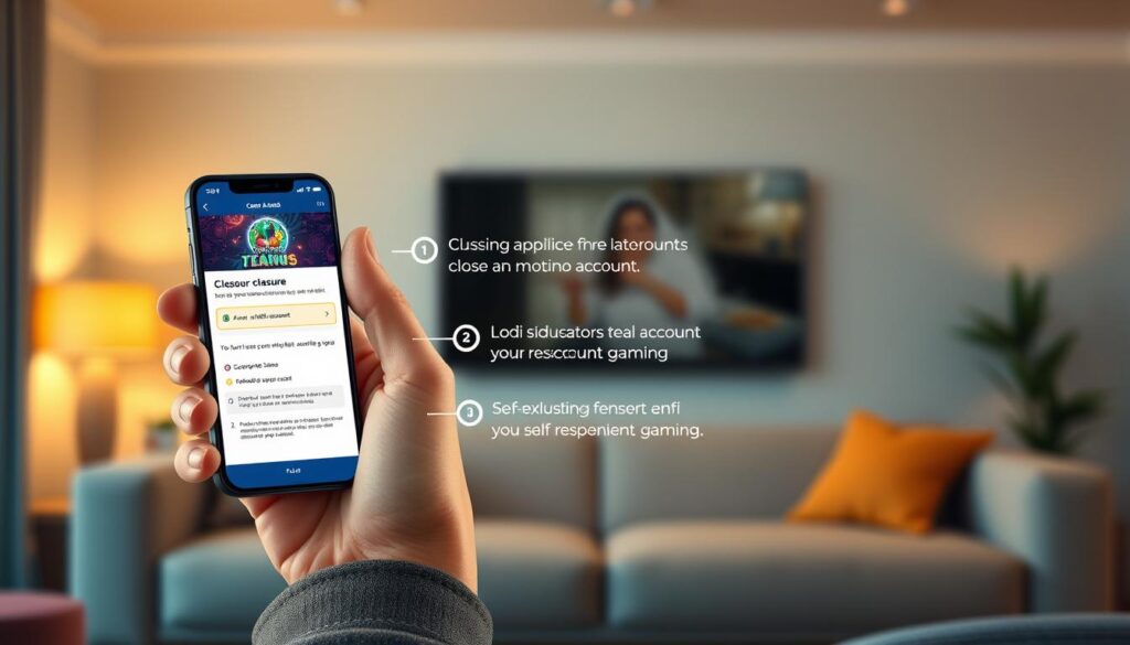 A visually engaging illustration depicting the step-by-step process of closing a mobile casino account. In the foreground, show a user-friendly smartphone screen displaying a popular mobile casino app, with highlighted sections for account closure options. In the middle layer, depict a pair of hands navigating the app, dressed in modest casual clothing. The background features a softly blurred, modern living room setting, indicating a casual and relaxed environment. Use warm, inviting lighting to create an atmosphere of tranquility and safety, emphasizing the importance of self-exclusion in responsible gaming. Capture the image from a slightly angled perspective to draw the viewer's eye toward the smartphone while maintaining focus on the app's interface.