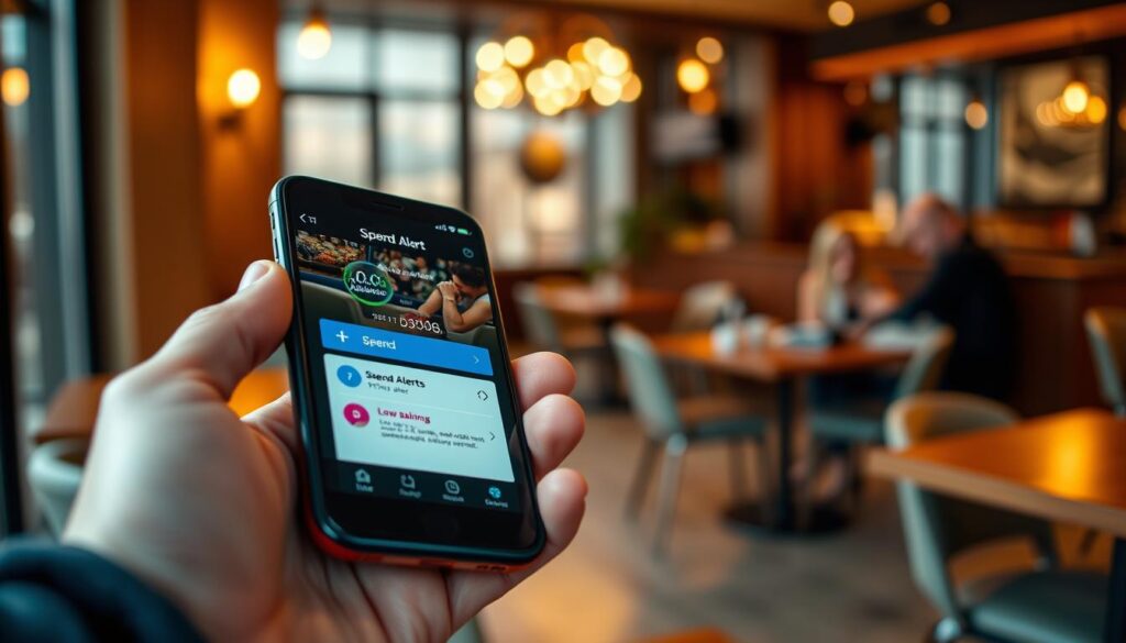 A close-up view of a smartphone displaying a sleek, modern banking app's spend alert notification. The foreground features the phone held in a hand, with a clear focus on the screen showing vivid graphics of financial data, including colorful spend alerts and low-balance warnings. The middle ground includes a blurred background of a stylish, contemporary cafe setting, hinting at a casual yet professional environment. Warm ambient lighting creates a welcoming atmosphere, with soft shadows enhancing the details on the smartphone. The angle is slightly tilted, emphasizing the app interface while capturing the essence of mobile banking. The overall mood reflects a sense of control and security in managing finances, suitable for users engaged in mobile gambling.