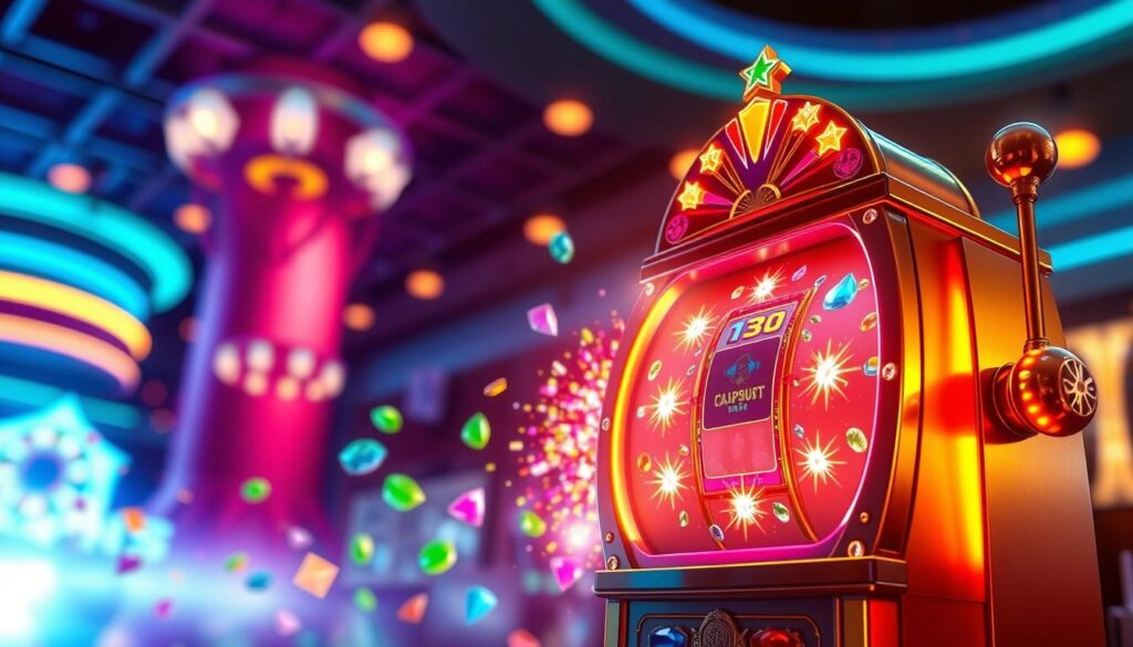 A digital illustration showcasing a vibrant and engaging slot machine inspired by the Starburst theme, prominently featuring colorful starburst symbols and spinning reels filled with shimmering gemstones. In the foreground, a beautifully designed slot machine with intricate details glows under ambient lighting, making it the focal point of the image. The middle layer includes a soft blur of vibrant gems cascading around the machine to emphasize the excitement of winning. The background portrays an abstract casino environment with dynamic lighting effects resembling neon lights, creating a lively atmosphere. The overall mood is thrilling and immersive, with a subtle hint of mystery surrounding RNG (Random Number Generator) mechanics, encouraging curiosity. The perspective should be slightly tilted, giving a dynamic feel to the composition.