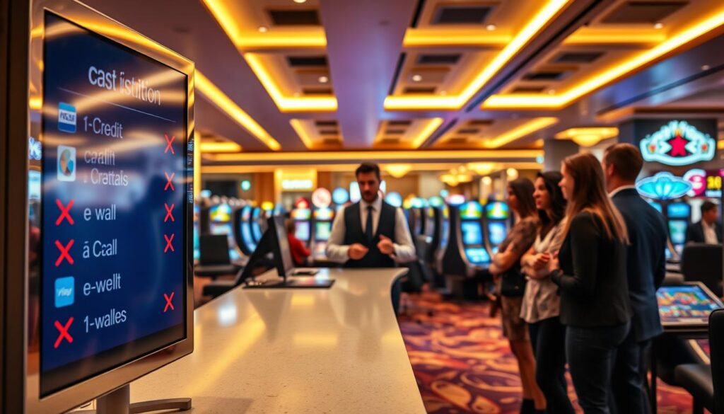 A modern casino interior showcasing various payment method restrictions. In the foreground, a digital sign displays popular payment options crossed out—credit cards, certain e-wallets, and cryptocurrencies—with red slashes illustrating exclusions. The middle ground features a sleek, well-lit cashier counter with a professional attendant in business attire explaining payment methods to a diverse group of patrons, who look intrigued and curious. In the background, the vibrant lights and colorful gaming tables create an energetic casino atmosphere, with a hint of uncertainty reflecting the discussions on financial safety. Use soft, warm lighting to evoke a welcoming yet serious mood, with a slight depth of field to emphasize the foreground details. The angle should be slightly elevated, capturing the entire scene without any distractions.