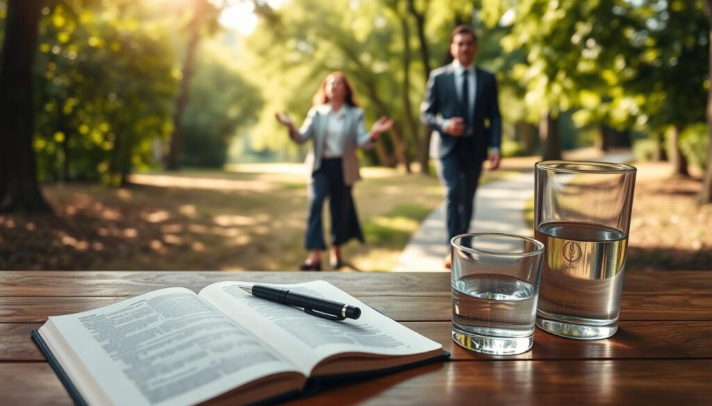 A serene and calming scene illustrating the "15-minute grounding routine" to combat gambling urges. In the foreground, an open journal and a pen resting on a wooden table, with a glass of water beside it, symbolizing reflection and hydration. In the middle, a pair of well-dressed individuals, one practicing deep breathing and the other taking a gentle walk on a peaceful path surrounded by greenery, embodying mindfulness and movement. The background features soft sunlight filtering through trees, creating a warm and inviting atmosphere, evoking a sense of tranquility. The image captures a moment of focus and grounding, using natural colors and soft lighting to enhance the mood of calmness and positivity. The angle should be a slightly elevated view to encompass both the personal items and individuals in action.