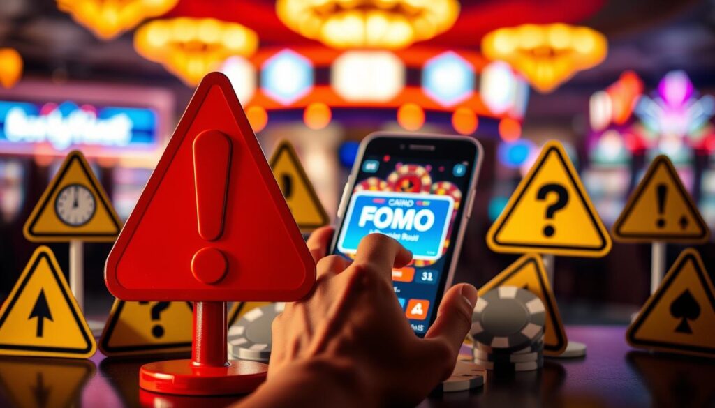 A visually striking image depicting warning signs related to FOMO (Fear of Missing Out) offers in a mobile casino context. In the foreground, place a large, red exclamation mark symbolizing caution, surrounded by various warning signs with symbols like a clock, a question mark, and a casino chip. In the middle ground, depict a smartphone displaying a colorful, enticing casino bonus notification, with a hand reaching toward it. The background should show a blurred, neon-lit casino environment, enhancing the atmosphere of urgency. Use dramatic, high-contrast lighting to highlight the warning signs and create a sense of tension. The overall mood should evoke caution and awareness, emphasizing the importance of being wary of enticing offers in gambling.