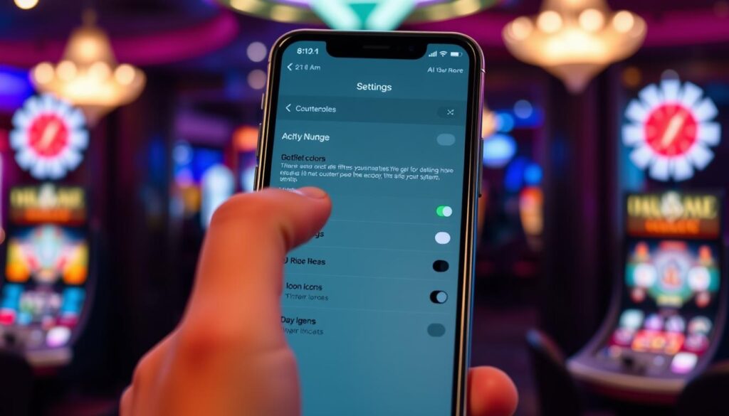 A vivid depiction of a mobile screen displaying a casino app interface with visuals of counter-nudges like notification filters, grayscale mode, and icon burying. In the foreground, focus on a hand using the app, with a finger hovering over the interface's settings button. The middle section features a close-up of the app, showcasing the adjustments the user can make, such as dimmed colors in grayscale mode and hidden icons. The background subtly blends into an atmospheric casino scene with soft, ambient lighting, emphasizing the contrast between bright casino elements and the muted app. The image should convey a sense of caution and awareness in a sleek, modern aesthetic, utilizing a slightly elevated angle to capture both the hand and the mobile screen effectively.