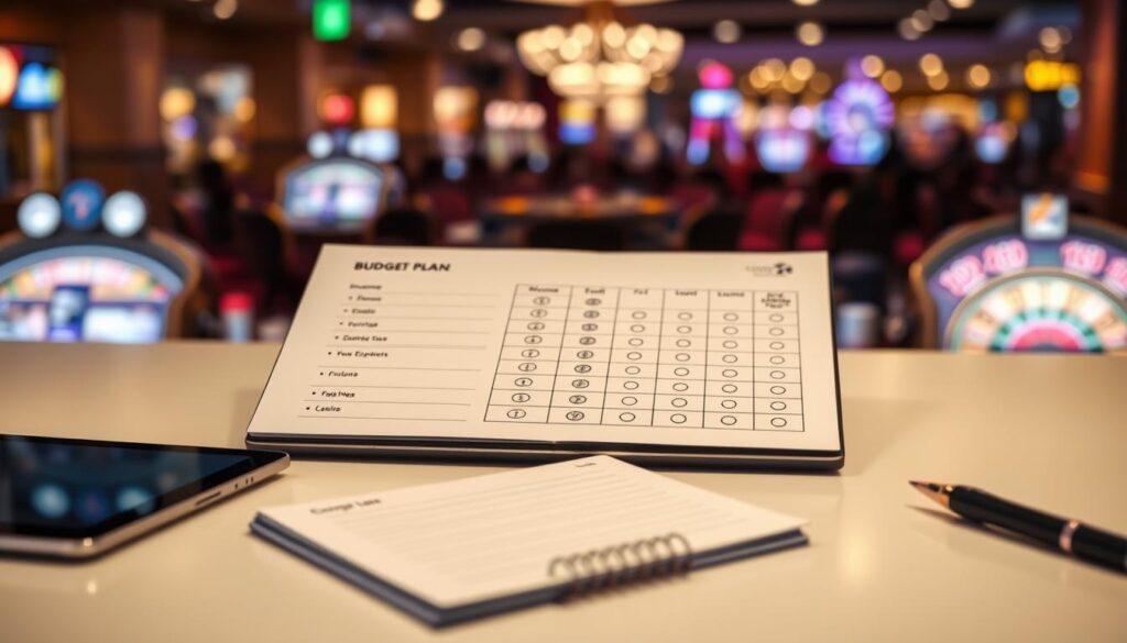 A well-designed casino budget plan template displayed prominently on a clean, modern work desk. In the foreground, a sleek tablet and a stylish notepad with a checklist, opened to a page titled "Budget Plan." The middle layer features a clear visual of the budget template, highlighting sections for income, expenses, and limits, neatly organized with icons representing various casino games. The background shows a softly blurred casino environment with warm, ambient lighting that evokes a sense of excitement yet maintains a professional atmosphere. The image should have a balanced composition, ideally shot from a top-down angle to capture all elements clearly, conveying a mood of responsible gaming and strategic planning. A well-designed casino budget plan template displayed prominently on a clean, modern work desk. In the foreground, a sleek tablet and a stylish notepad with a checklist, opened to a page titled "Budget Plan." The middle layer features a clear visual of the budget template, highlighting sections for income, expenses, and limits, neatly organized with icons representing various casino games. The background shows a softly blurred casino environment with warm, ambient lighting that evokes a sense of excitement yet maintains a professional atmosphere. The image should have a balanced composition, ideally shot from a top-down angle to capture all elements clearly, conveying a mood of responsible gaming and strategic planning.