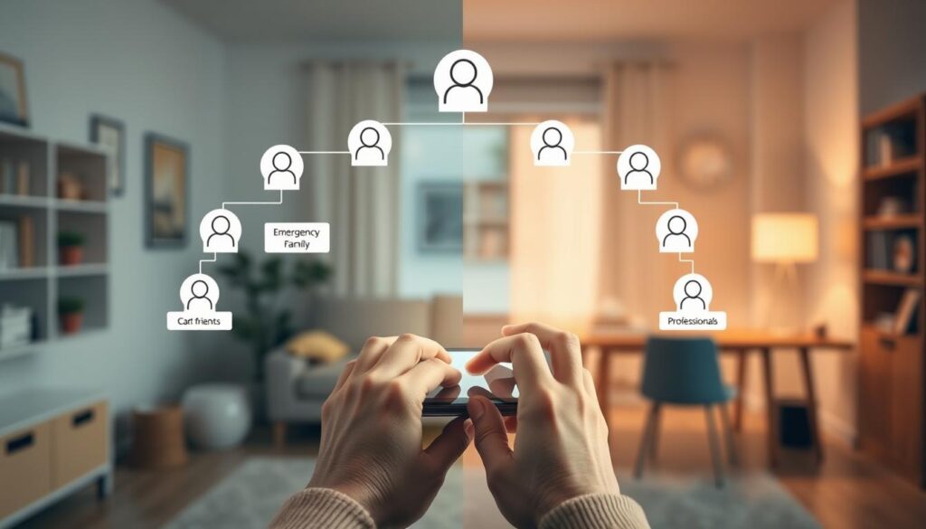A well-organized contact tree emergency support system illustrated in a visually appealing layout. The foreground features a digital interface displaying a branching tree structure with labeled icons representing different contacts—friends, family, professionals—each linked by lines. In the middle, hands are shown interacting with an interactive tablet or smartphone, emphasizing user engagement in an emergency. The background includes a split scene: a calm home environment on one side and an open workspace on the other, symbolizing readiness for assistance. Soft, warm lighting bathes the scene, creating a sense of safety and support. Utilize a close-up angle to emphasize details and evoke a reassuring atmosphere, highlighting the importance of connection in times of distress.